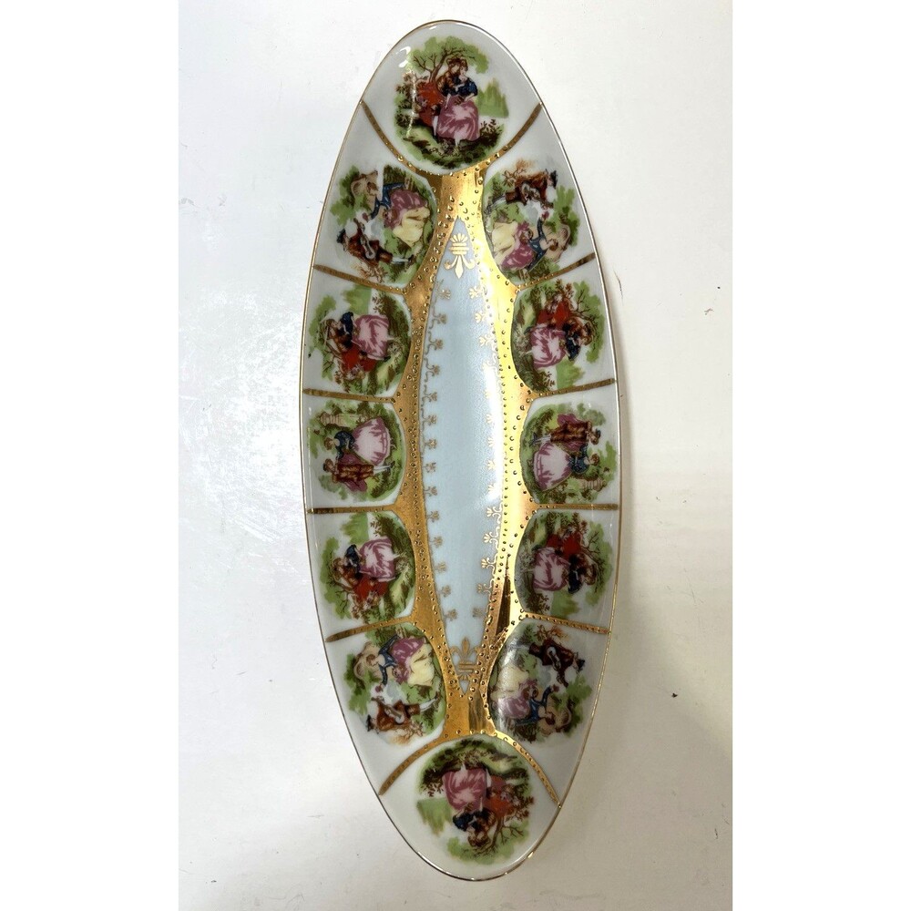 Vintage Royal Vienna Fragonard Courting Couple Oval Porcelain Dish Blue Gilded